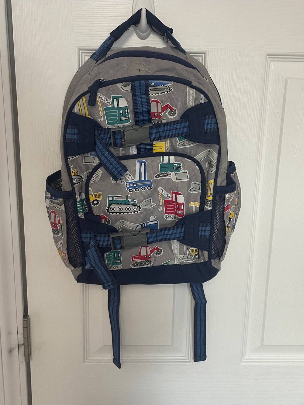 Pottery Barn Kids Gray Backpack with Blue, Red, Green, Yellow Vehicle Prints